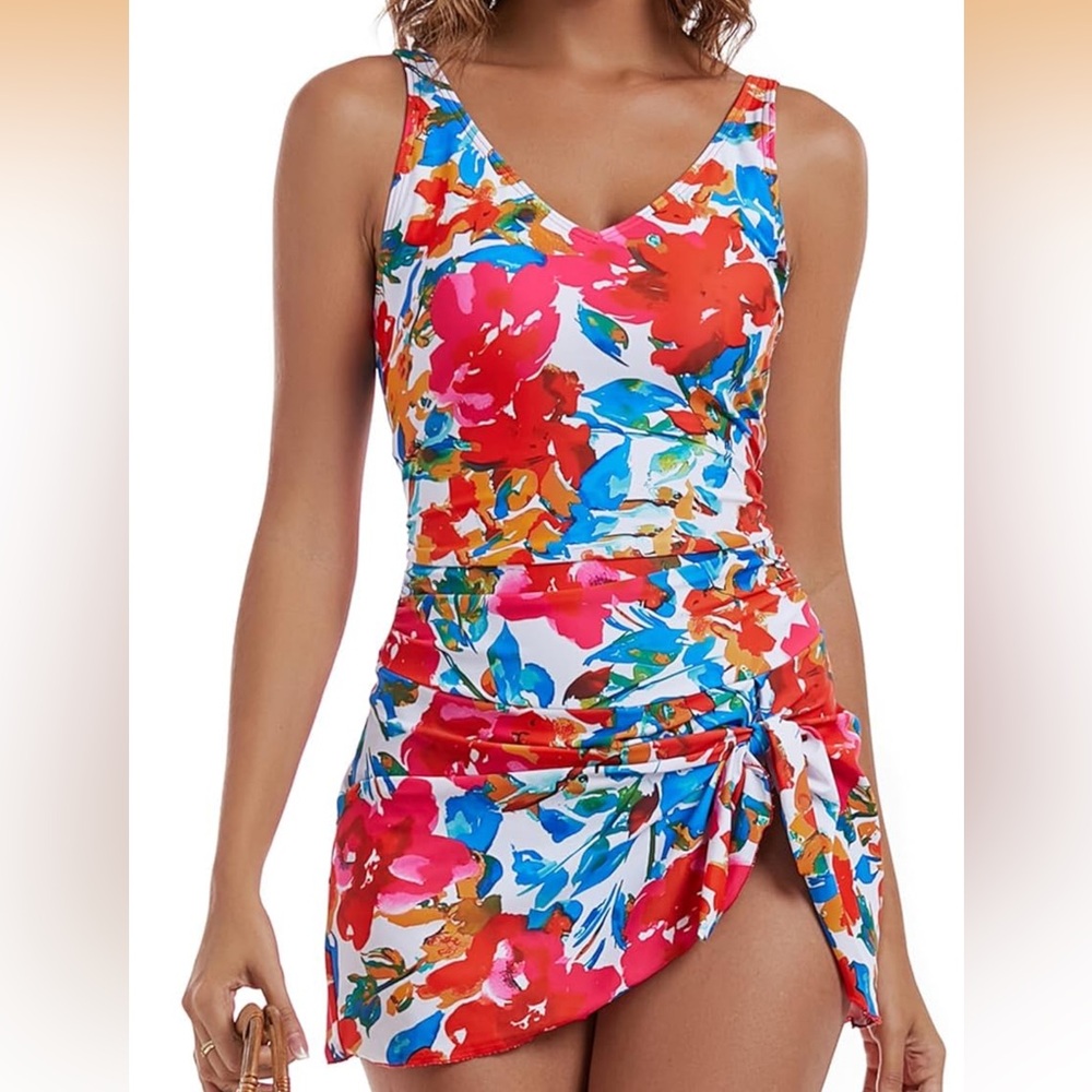 NWT Aidonger One Piece Swim Dress Skirt Tummy Control Swimsuit Bathing Suit